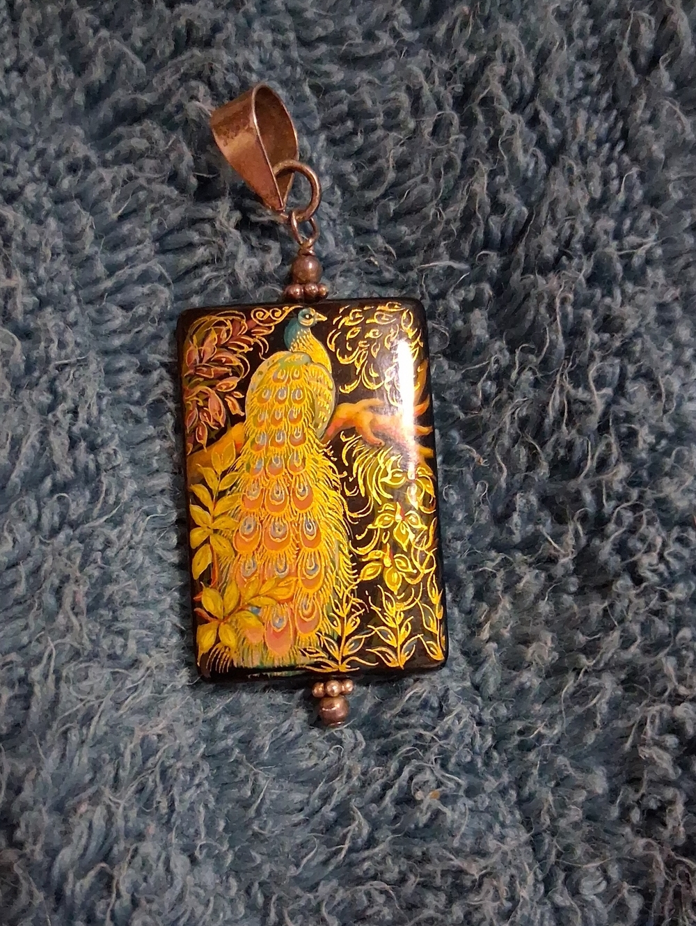 Hand-Painted Peacock Pendant Necklace - Yellow on Black 925 Sterling Silver